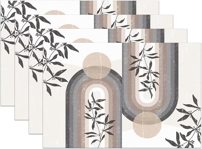 Boho Leaf Mid Century Placematss, Bohemian Plant Mid Century Palm Tropical Abstract Modern Washable Place Mats 12x18Inch for Dining Kitchen Farmhouse Decor 6 PCS