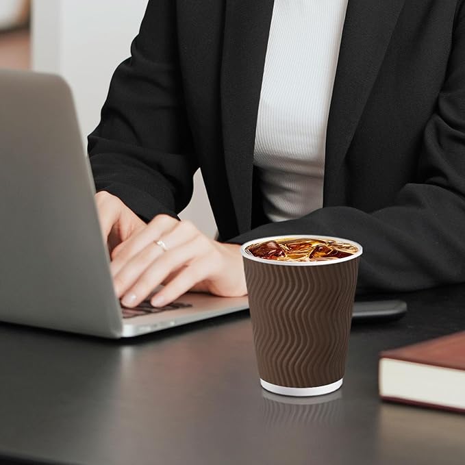 120 Pack 10 oz Coffee Cups, Disposable Corrugated Insulated Ripple Wall Paper Coffee Cups 12oz for Hot or Cold Drinks Office Home Cafe Party Travel (Brown)