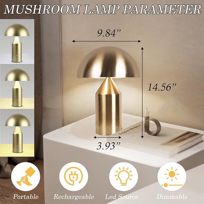 MIXL-Cordless Gold Mushroom Table Lamp,Battery Mushroom Night Light,Wireless Touch Nightstand Lamp,Mid Century Modern Table Lights for Living Room Bedroom