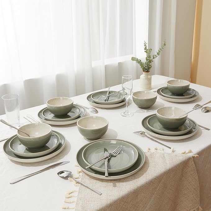 Plates and Bowls Sets for 8, 24 Piece Dinnerware Set for Large Families & Entertaining, Elegant Design, Dishwasher & Microwave Safe, Chip Resistant and Durable, Gray Green
