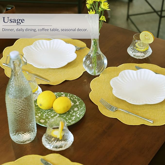 AHHFSMEI Round Faux Linen Placemats Set of 4 Waterproof Table Mats Heat Resistant Non-Slip and Stain Proof for Kitchen Dining Elegant Decor (Yellow,4)