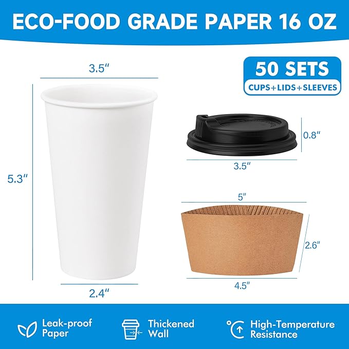 RACETOP 16 oz 50 Pack Disposable Paper Coffee Cups with Lids and Sleeves, White Disposable Paper Cups, To Go Hot Cups for Coffee Hot Liquid, Ideal for Cafes, Bistros