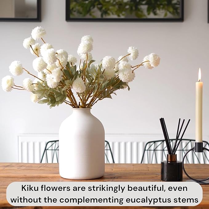 RyddeligHome White Faux Kiku Flowers for Vase - 10 Long Stem Artificial Flowers with Eucalyptus, Realistic Winter Floral Stems for Tall Vases, Farmhouse Home Decor (Premium Quality)