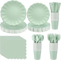 350 Pcs Light Green Scalloped Paper Plates Shell Edge Disposable Tableware Cocktail Napkins Cups Plastic Spoons Forks Knives for Wedding Baby Shower Picnic Birthday Party Supply for 50 Guests