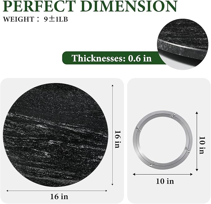 Koville 16'' Black Marble Lazy Susan for Kitchen, Marble Turntable for Dinning, Stone Lazy Susan Organizer for Cabinet, Serving Rotation Spinning Tabletop Organizer Swiveling, Spice Rack Storage