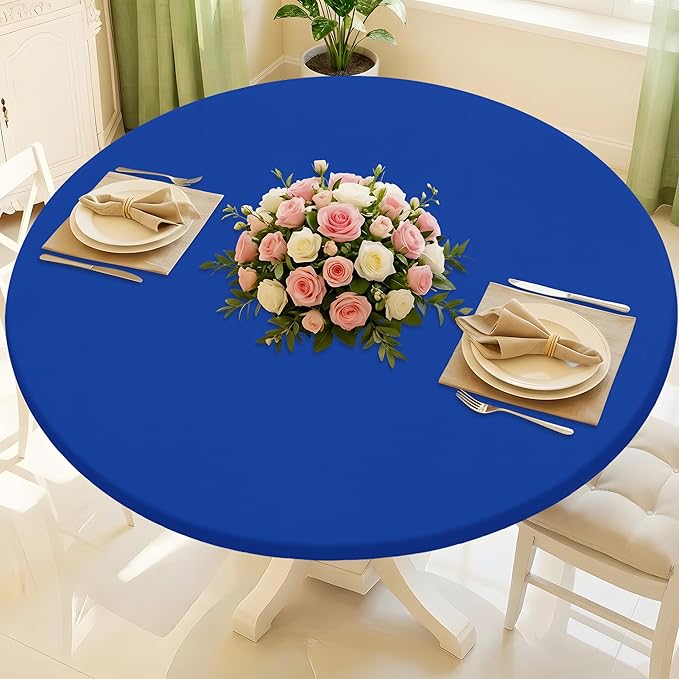 Round Spandex Tablecloth, Elastic Fitted Waterproof Tablecloths for 45"-56" Tables, Stretch Washable Picnic Table Cover for Camping, Dining, Indoor and Outdoor, Blue