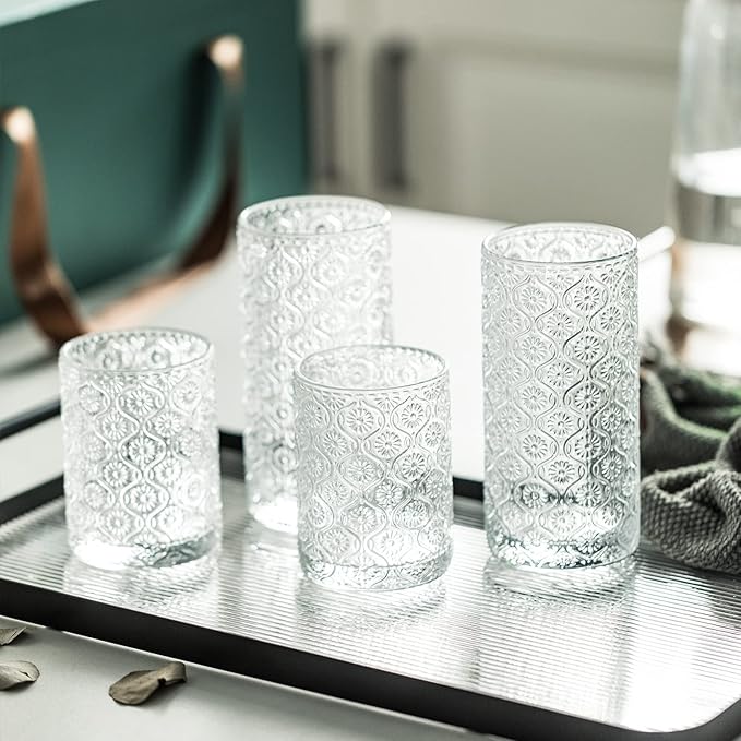 Glass Cups Vintage Glassware Set of 4, Drinking Glasses 9oz, Embossed Pattern Style Transparent Cocktail Glasses Set, for Ice Coffee,Juice,Beer,Bar Beverages,Drinkware, Transparent (S)