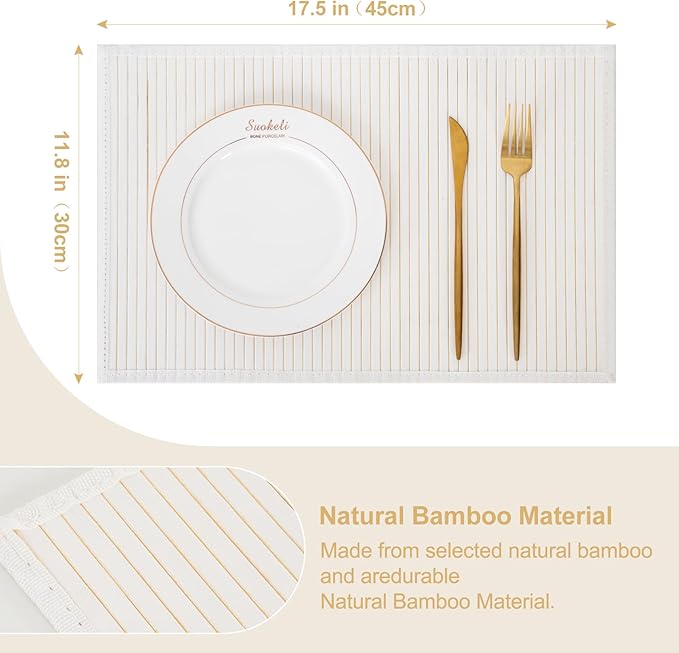Bamboo Placemats with Fabric Border Set of 4 Natural Bamboo Rectangular Rolling Table Mats for Dining Kitchen Table Heat Resistant Table Protection White