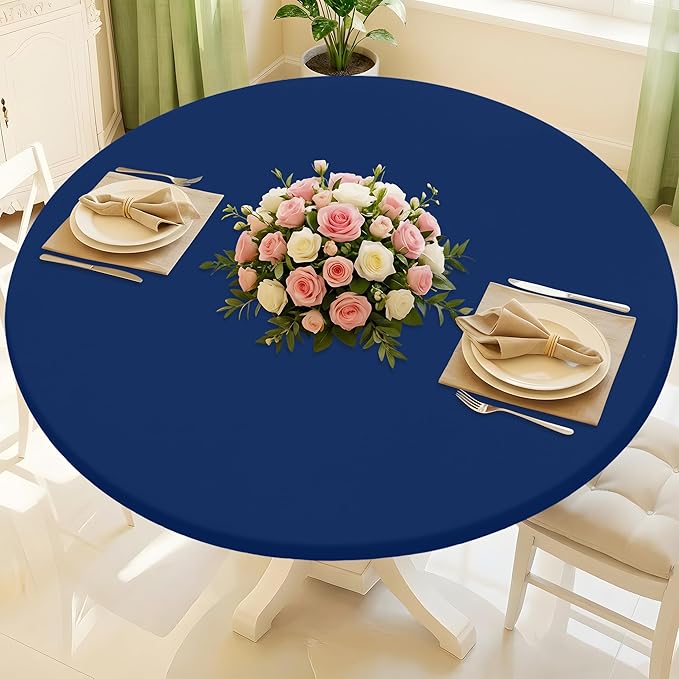 Round Spandex Tablecloth, Elastic Fitted Waterproof Tablecloths for 45"-56" Tables, Stretch Washable Picnic Table Cover for Camping, Dining, Indoor and Outdoor, Navy
