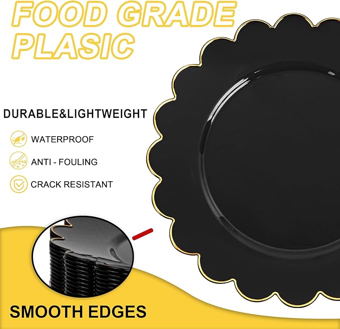 SUT 72 PCS Black Plastic Plates with Gold Rim, plates Disposable Heavy Duty, 10.25 inch plastic Dinner Plate, black Disposable plate for Party