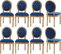 Vintage French Dining Chairs Set of 8, Round Back Velvet Upholstered Accent Chairs with Nailhead Trim and Solid Wood Frame, Elegant Sillas de Comedor for Dining Room & Kitchen, Blue