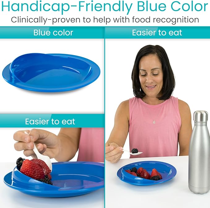 Vive Spill-Proof Scoop Plate, 9" (4 Pack) - Dish with Wall for Disabled, Handicapped, Elderly Adults with Special Needs from Parkinsons, Dementia, Stroke, Tremors with - Non Skid Padded Bottom
