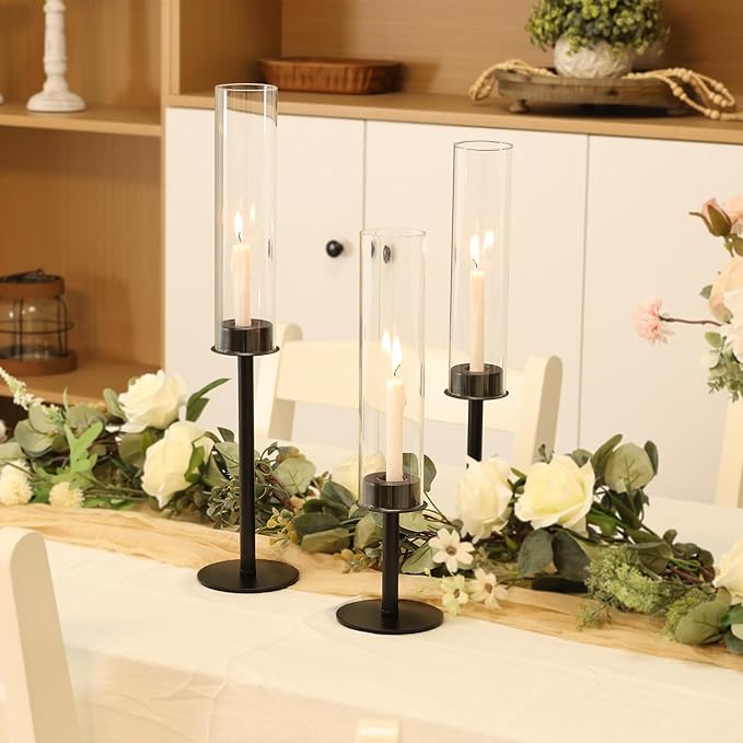 Hurricane Candle Holders Metal Candlestick Holder for Glass Taper Tall Candle Holders with Crystal Chimney Tube Candles Stands for Home Decor, Christmas, Dinning (18, Black)