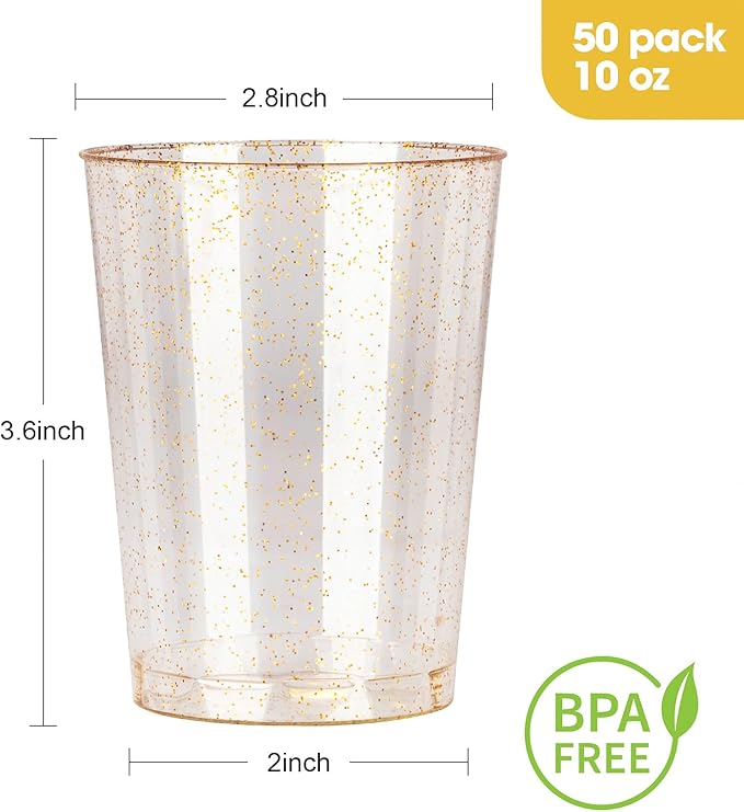 Goodluck 10 oz 50 PCS Gold Glitter Plastic Cups, Disposable Glitter Cups, Elegant Plastic Cocktail Glasses, Fancy Party Cups for Wedding, Birthday, Holiday