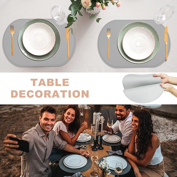 uxcell 2 Pcs Oval Silicone Placemat, 15.4" x 10.4" Non-Slip Washable Table Placemats Heat Resistant Waterproof Mat with High Edge for Table Kitchen Desk Protection, Light Gray