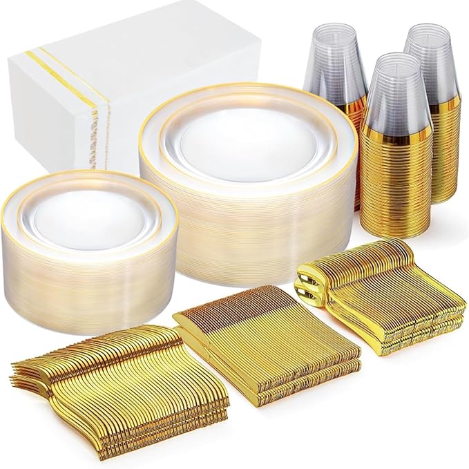 GATHER 350PCS Clear Gold Plastic Plates - Disposable Gold Dinnerware Sets Includes 100 Gold Rim Plastic Plates, 150 Silverware, 50 Napkins, 50 Cups for Party, Wedding