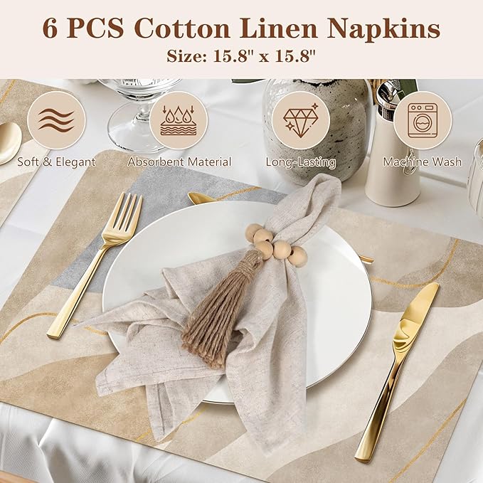 Table Centerpiece Set with Beige Cheesecloth Table Runner, 1 Round Wooden Candle Plate, 70 PCS Dried Pampas Grass Decor with White Vase, 6 Linen Napkins and Wooden Napkin Rings for Wedding Home Decor