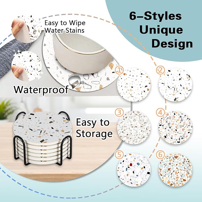 Terrazzo Ceramic Coasters with Holder Set of 6, Modern Art Absorbent Drink Cup Mat for Coffee Table Protection, 4 Inches Minimalist Artistic Home Kitchen Decor Housewarming Gifts