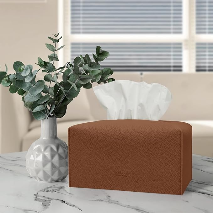 Carrotez Tissue Box Cover, [Refined] Modern PU Leather Rectangular Tissue Box Holder - Decorative Holder/Organizer for Bathroom Vanity Countertop, Night Stands, Office Desk 9.5"X5"X5" - Camel