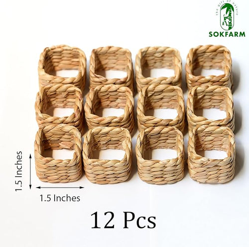 12 Pcs Square Woven Napkin Rings, Water Hyacinth Easter Napkin Rings Set Of 12, Anillos Para Servilletas De Tela, Boho Napkins Holder For Elegant Table Decoration, Christmas Table Decor, Wedding Decor