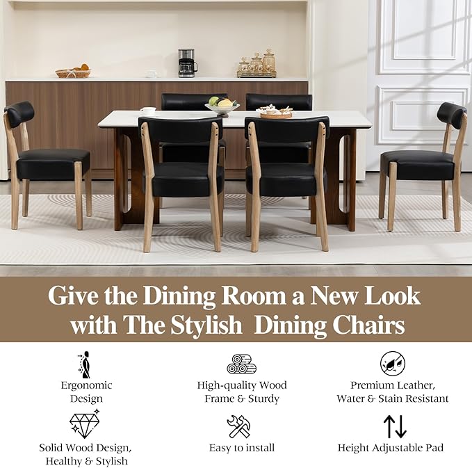 Modern Black Dining Chairs Set of 4 – Mid-Century Modern Faux Leather Upholstered Kitchen & Dining Room Chairs with Curved Back, Oversized Rounded Seat, and Sturdy Wood Frame