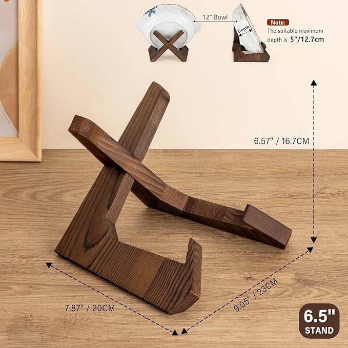Bowl Stands for Display, 6.5 Inch Plate Holder, Wooden Easel Frame Holder, Display Stand for Large Deep Platters and Dishes, 6.5" H x 8.5" W x 7.8" D (For Bowls under 5" in Depth)