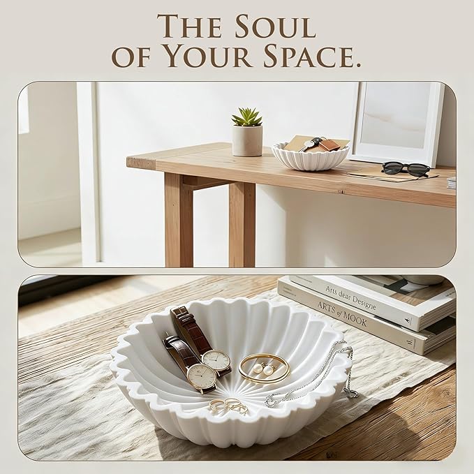 White Decorative Bowl Modern Home Decor - 10.6" Large Resin & Sandstone Centerpiece Bowl for Entryway Table, Coffee Table, Kitchen Counter or Serving Fruit, Keys, Includes 10PCS Artificial Moss Rocks