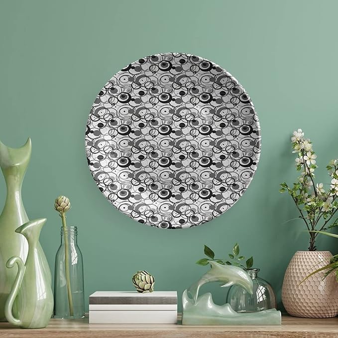 Ceramic Display Plate, Abstract Ceramic Hanging Decorative Plate, Monochrome Circles Dots Surreal Geometric Modern, 7 Inch, Living Room Kitchen Decoration Household, Grey Black White
