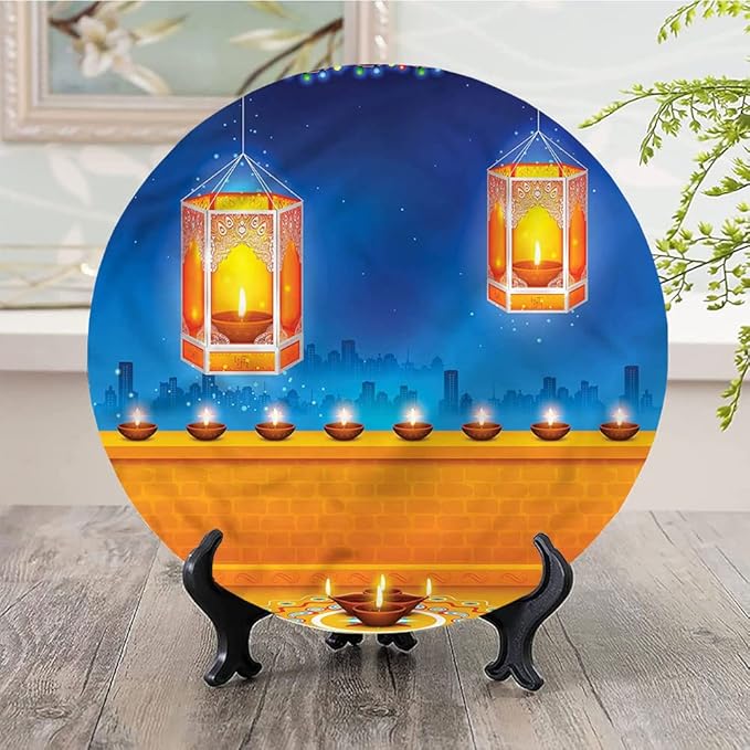 Ceramic Display Plate, Diwali Ceramic Hanging Decorative Plate, Diwali Night Candles, 6 Inch, Household Custom Ceramic Plate, Multicolor