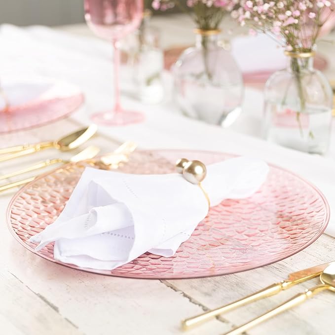 PARTY BARGAINS 13-Inch Charger Plates - 8 Pack, Hammered Pink, Heavy-Duty Disposable Chargers for Elegant Dining - Ideal for Weddings and Formal Events
