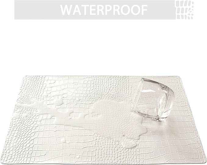 Jovono Faux Leather Placemats Set of 8, Waterproof & Heat Resistant Dinner Place Mats for Dining Table, Non-Slip Crocodile Embossed, White (17.8x11.8 Inch)
