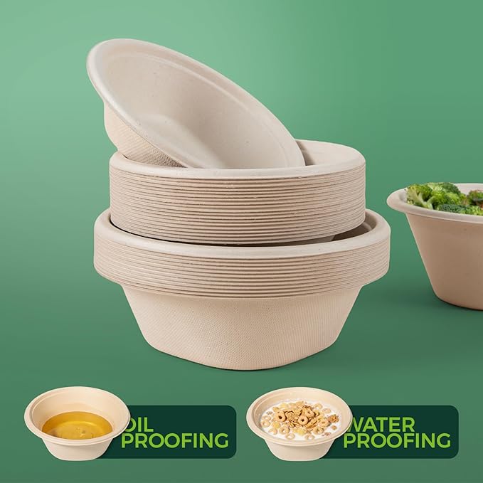 32 OZ Large Disposable Paper Bowls - Heavy Duty and Compostable - Made from Eco-friendly Sugarcane Bagasse - Biodegradable Bowls for Soup, Salad, Dessert, Ice Cream [100 Pack]