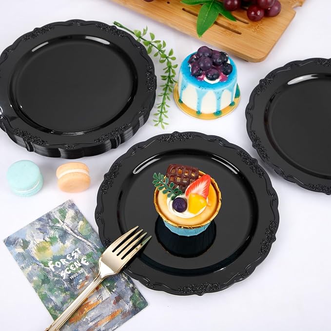 DaYammi 36PCS Black Plastic Plates, Heavy Duty Black Disposable Plates Premium 7.5 inch Dessert Cake Salad Appetizer Platos Hard Plastic Platos Disposable for Party