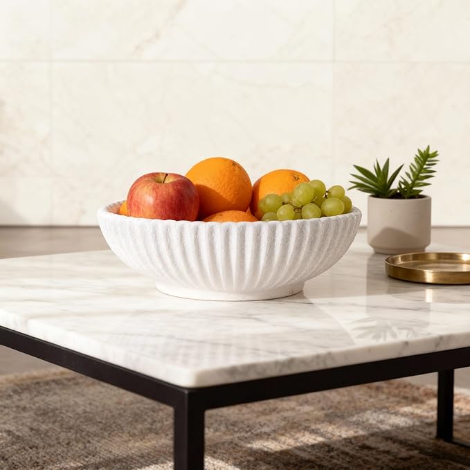 DOVDOV White ruffled-edge decorative bowl, large modern fruit bowl, home decor bowl for kitchen counter, coffee table, or entryway table, minimalist key holder and centerpiece fruit bowl.