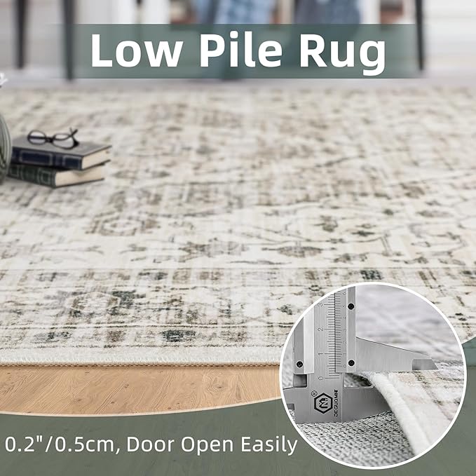 Deerly Washable Area Rugs 5x7 Cream Rug for Living Room Bedroom Dining Room, Low-Pile Kid & Pet Friendly Distressed Carpet Print Floor Rug Non Slip Rug(Border Cream)