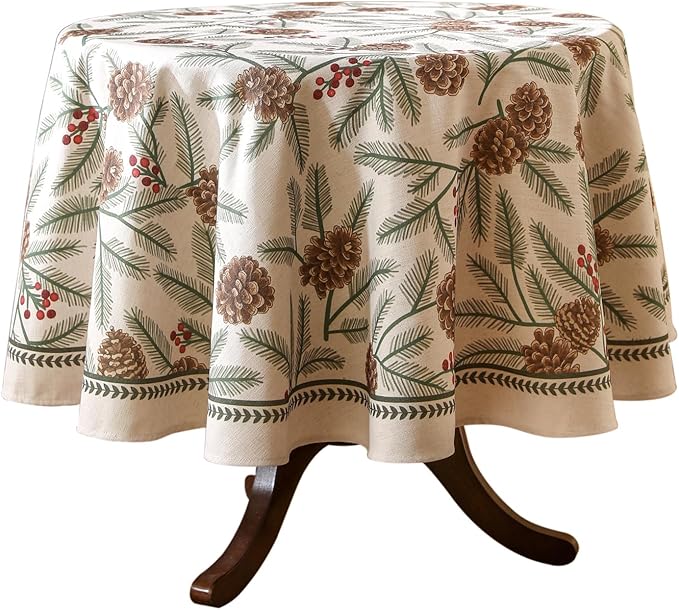 ISAENNE Designer Christmas Beige Linen Round Tablecloth,Pinecones Pattern Indoor Tablecloths,Washable Decor Table Cloth for Dining Thanksgiving Kitchen Christmas,Diameter 67"-Carol B