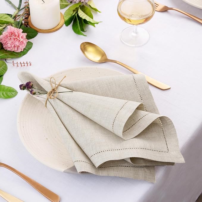 D'Moksha Homes Light Natural Linen Napkins Set of 8 - Classic Hemstitch 100% Pure Linen Hemstitch Dinner Napkins 20 x 20 Inch for Valentines, Spring, Easter - Handcrafted and Machine Washable
