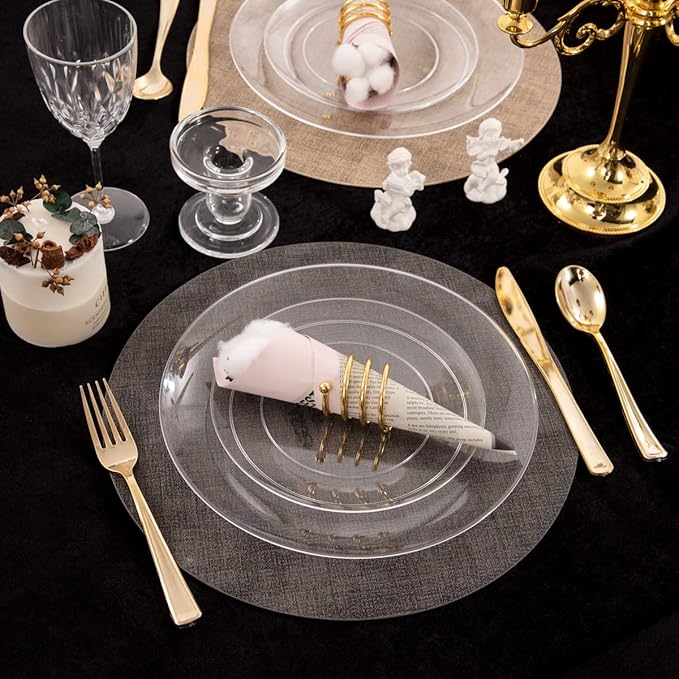 PULOTE 100Pieces Clear Plastic Plates - Premium Heavyweight Plastic Clear Disposable for Wedding&Party Include 50 Dinner & 50 Dessert/Salad Plates