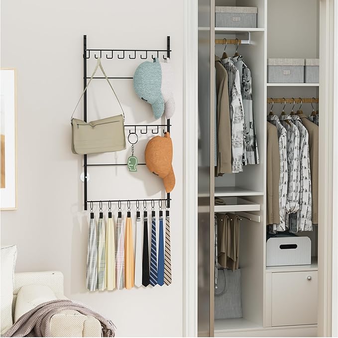 HapiRm Over Door Hat Rack - 3 Tier Wall Mounted Hat Organizer with 16 Hooks and 10 Movable Clips, Baseball Cap Organizer Storage Holds up to 26 Caps for Door, Bedroom, Closet USPTO Patent Pending