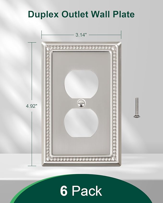 6-Pack Duplex Outlet Cover Plate, Metal Wall Plates for Electrical Outlets, Brushed Nickel 1 Gang Receptacle Cover, Pearls Decorative Switch Plates and Outlet Covers