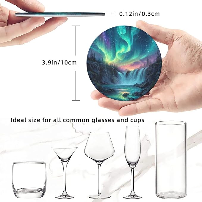 Northern Lights Coasters for Drinks with Holder Round Leather Coasters Set of 6 Cups Mugs Mat Pad for Home Kitchen Bar