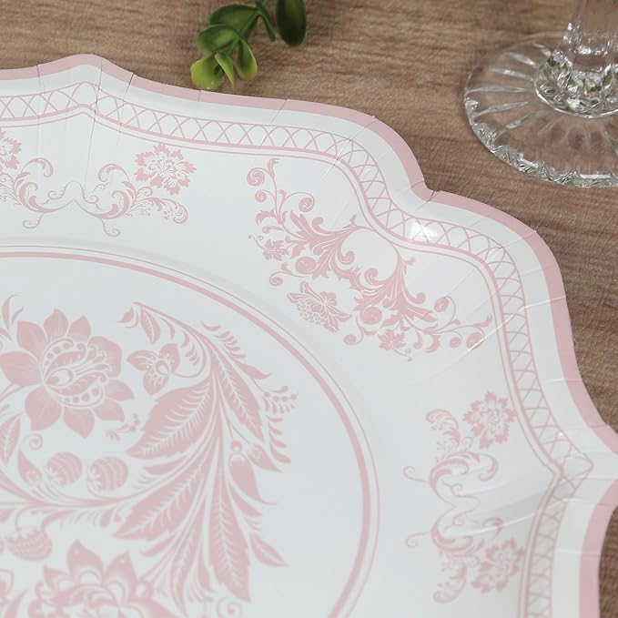 50 Pack 10" White Pink French Toile Dinner Plates, Disposable Round Paper Party Plates 300 GSM for Festive Table Decoration