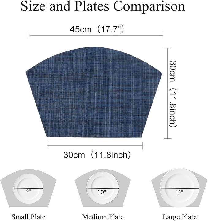 SHACOS Small Round Table Placemats Wedge Placemat Set of 4 Non Slip Heat Resistant Woven Vinyl Table Mats Wipe Clean Indoor Outdoor (4, Blue Black)