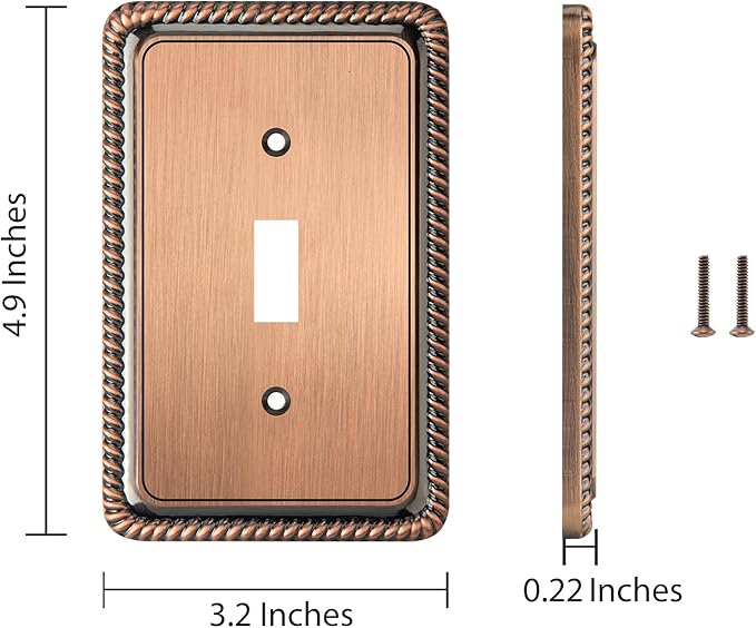 Henne Bery Rope Edge Decorative Wall Plate Switch Plate Outlet Cover (Single Toggle, 3 Pack, Antique Copper)