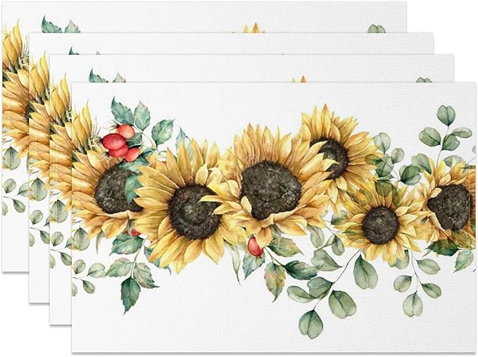 AOFOTO Sunflower Printed Placemats Set of 4 Spring Yellow Floral Leaves Fruit Printed Place Mats Washable Rectangular Table Mats for Party Home Kitchen Restaurant Dining Table Decor 12x18 Inch