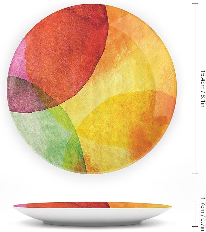 Ceramic Display Plate, Abstract Ceramic Hanging Decorative Plate, Watercolor Style in Modern Art Design, 8 Inch, Household Custom Ceramic Plate, Yellow Orange Lime Green