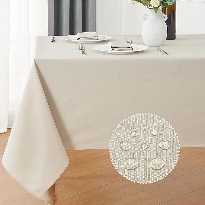 Rectangle 10 Feet Tablecloth 60x144 inch Linen Textured Table Cloth Stain and Wrinkle Resistant Washable Polyester, Decorative Table Cover Waterproof for Dining, Buffet and Camping, Beige
