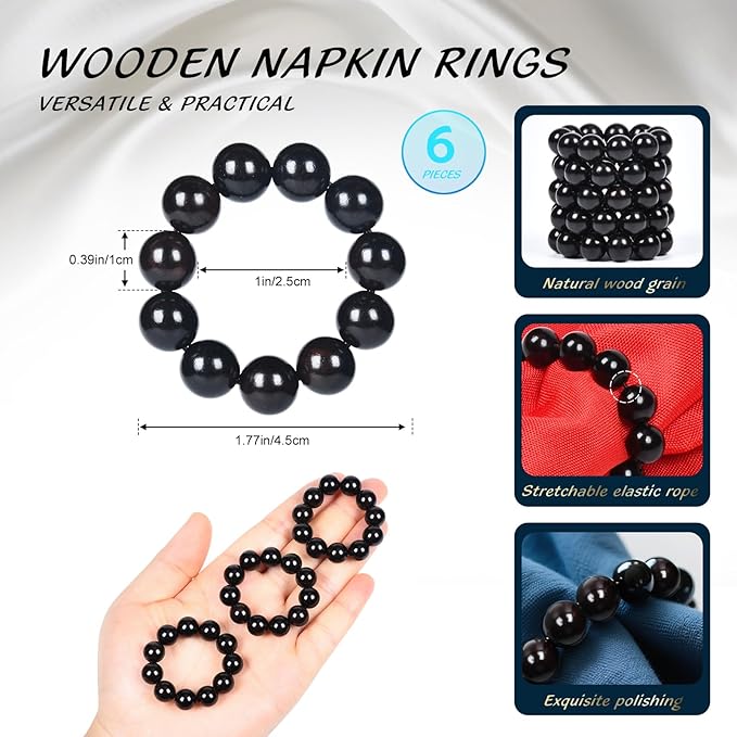 Napkin Rings Set of 12，Farmhouse Stretchable Wooden Bead Reusable Cloth Napkin Holders for Wedding, Christmas, Graduation & Dinner Parties Black Napkin Ring (12)