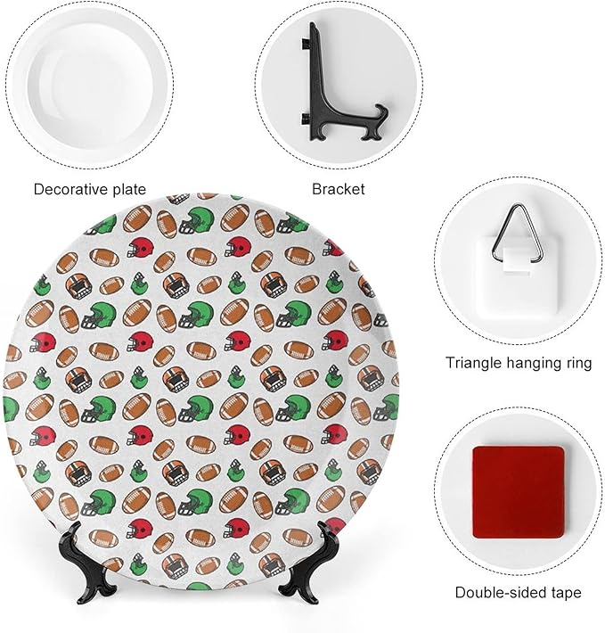 Ceramic Display Plate, American Football Ceramic Hanging Decorative Plate, Cartoon Style Rugby Icons Balls American, 10 Inch, Living Room Kitchen Decoration Household, Multicolor