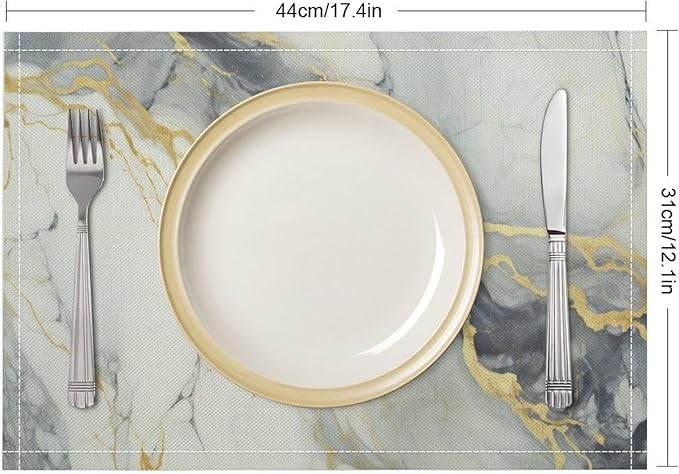 Marble Linen Placemats Set of 2, Modern Abstract Foil Texture White Grey Gold Marble Washable Place Mats, Non Slip Placemat for Home Party Dining Tables Wedding Kitchen Banquets Decor 12x17 Inch